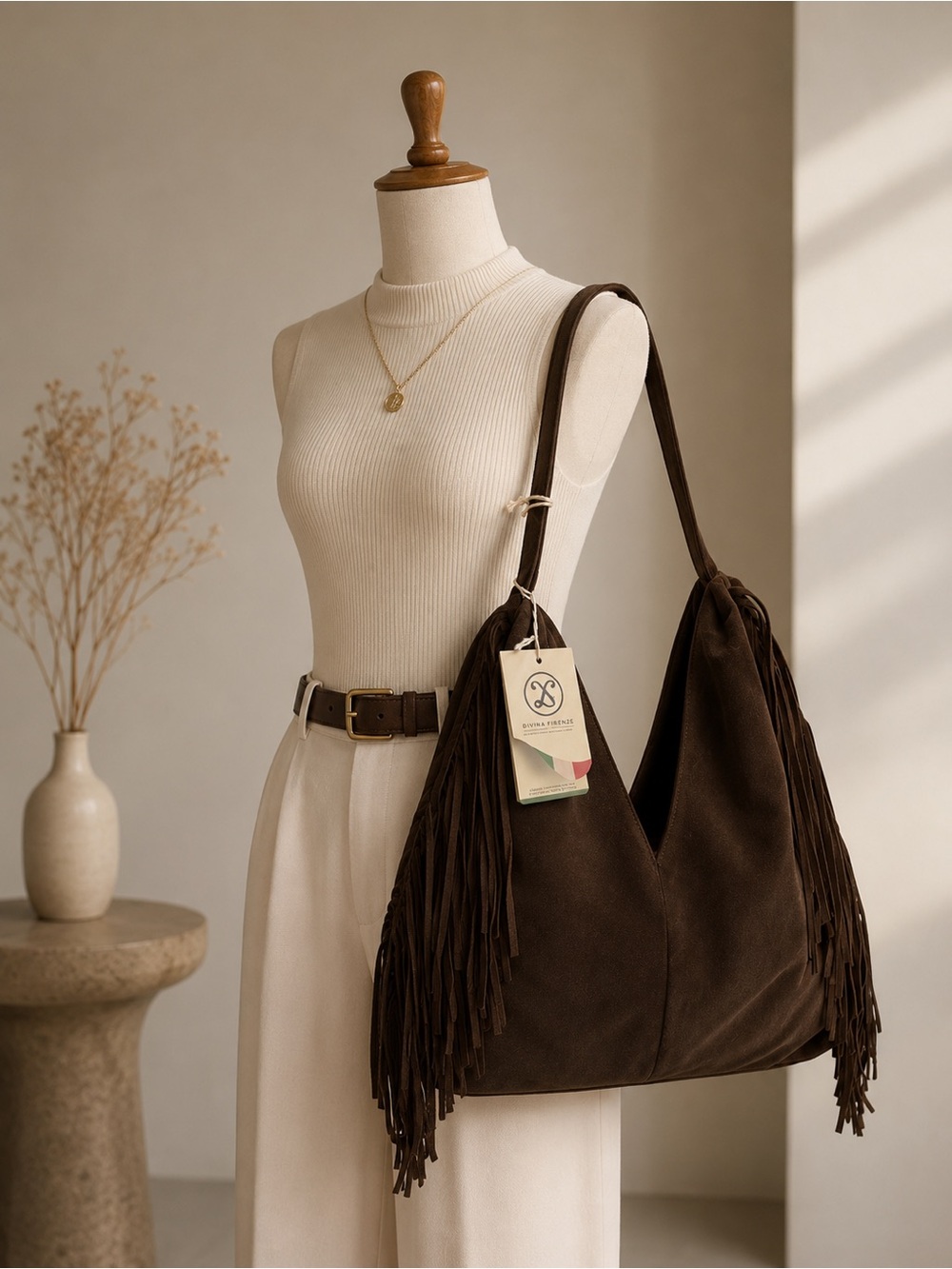 Divina Firenze Italian Suede Fringe Hobo Bag – Chocolate Brown 🤎 🔥BNWT🔥